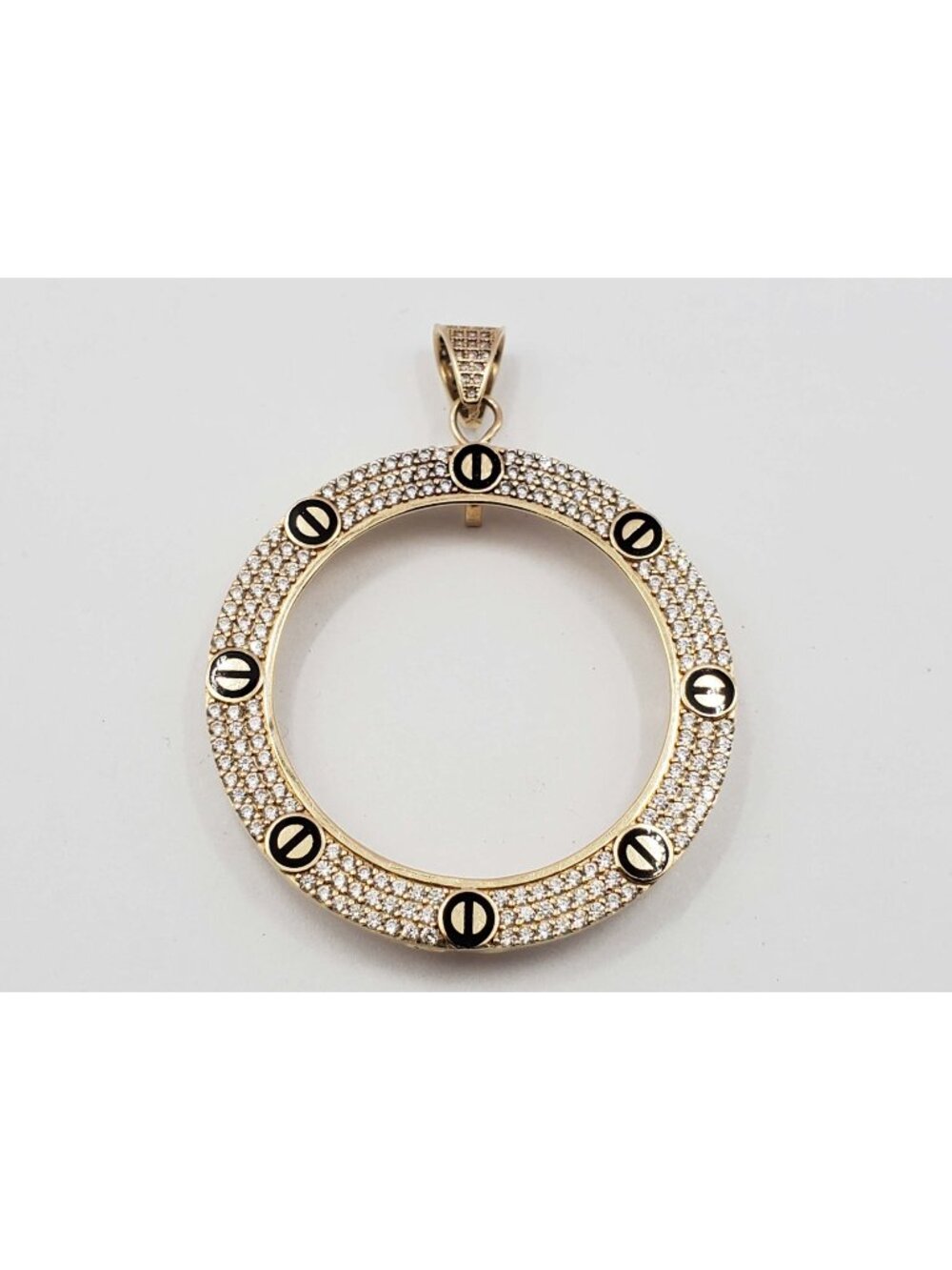 14k Yellow Gold Coin Bezel Pendant Black Enamel CZ Pave